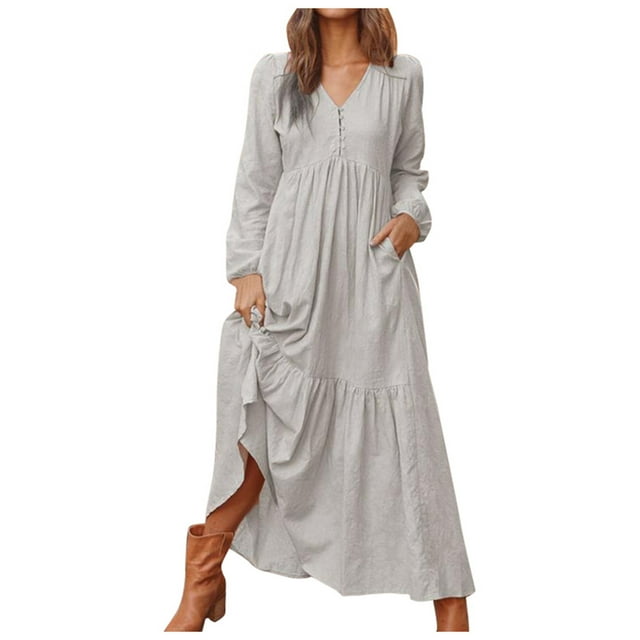 Robe Maxi Décontractée Vintage en Lin pour Femme à Manches Longues - Jupe Évasée, devant à Boutons, Taille Ajustable avec Lien