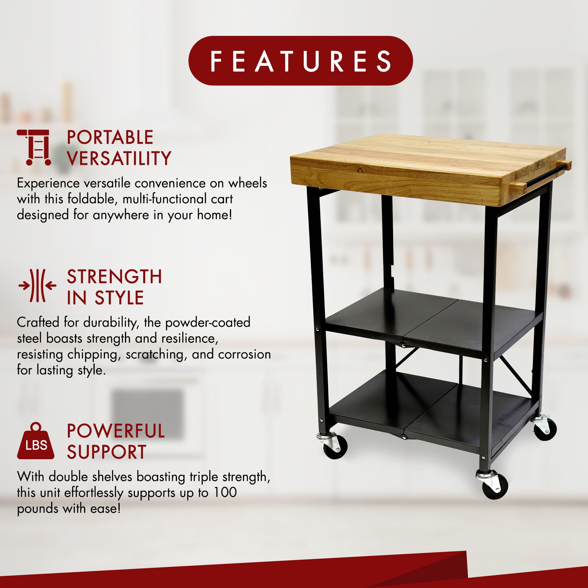 Origami Foldable Wheeled Portable Wood Top Kitchen Island Bar Cart, Black