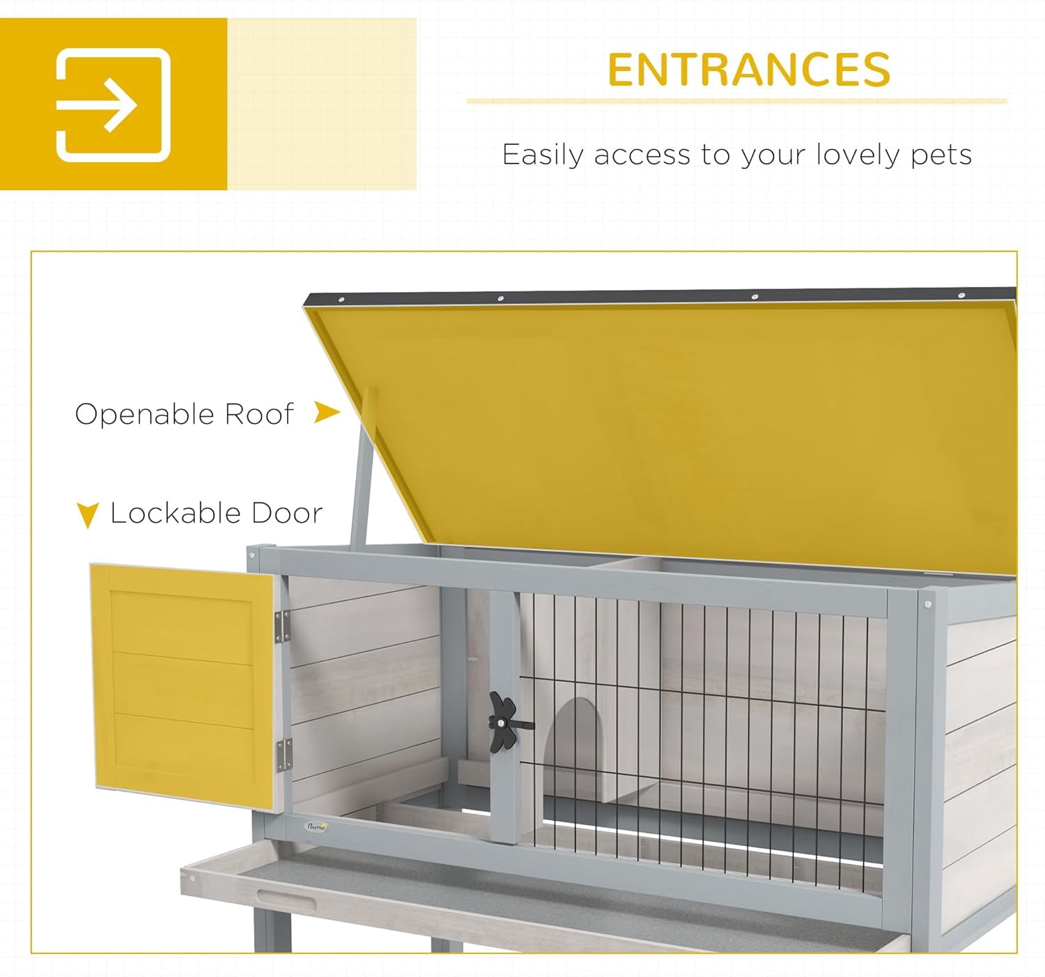 LEHOME Elevated Wooden Rabbit Hutch, Indoor/Outdoor Bunny Cage with Hinged Asphalt Roof and Removable Tray for Guinea Pig, Light Gray