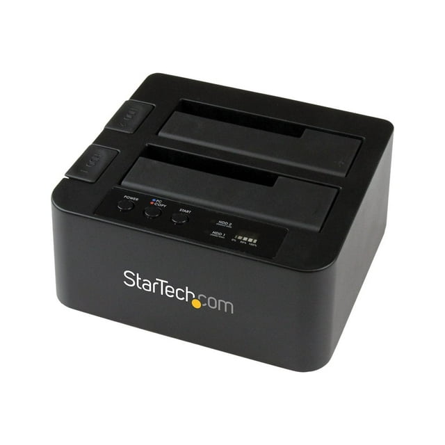 StarTech.com Dual Bay Hard Drive Duplicator, Standalone USB 3.0 (5 Gbps) eSATA to 2.5/3.5 SATA III HDD/SSD Cloner/Copier in black. Features two drive bays, LED progress indicators, and push-button controls for duplicating or docking hard drives. Functions as a hard drive docking station and supports SATA III drives up to 4TB with UASP for faster data transfer.