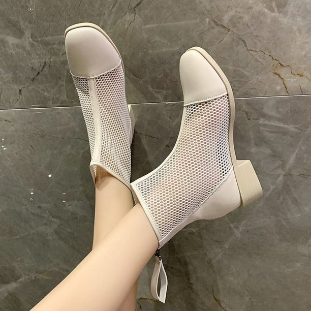 Botas de montar para mujer de tacón alto de tela de malla de moda 2022, botas cortas transpirables de verano de estilo británico, botas individuales .35 Gao Jinjia LED