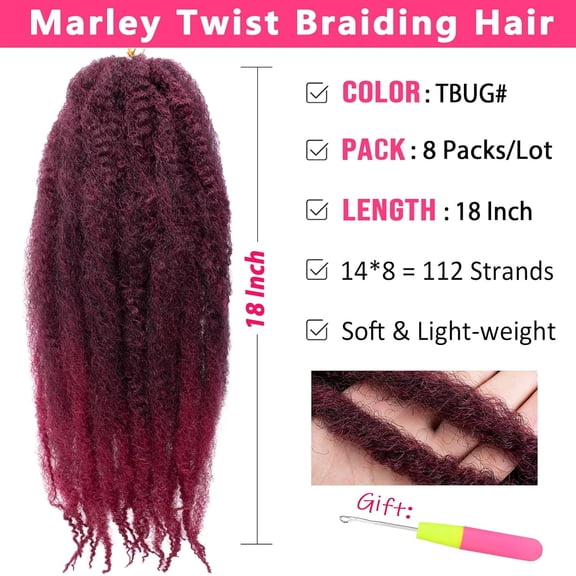 WEIF-8 Packs 18 Inch Marley Twist Crochet Hair Ombre Burgundy Marley Braiding Hair Crochet Braids Long Pre-Separated Springy Afro Kinky Twist Hair for Faux Locs Curly Braiding Hair Extensions TBUG