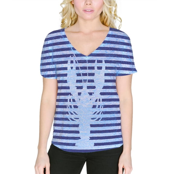 Lobster Navy Nautical Stripes Women's Slouchy V-Neck T Shirt Blue Marble LG