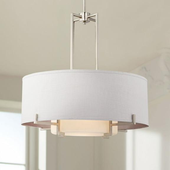Possini Euro Design Concentric Brushed Nickel Pendant Chandelier 28" Wide Modern White Fabric Drum 4-Light for Dining Room House Foyer Kitchen Island