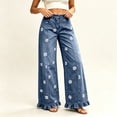 thumbnail image 6 of HongQid Women's Floral Embroidered Wide Leg Jeans High Waisted Ruffled Hem Denim Pants with Pockets, 6 of 7