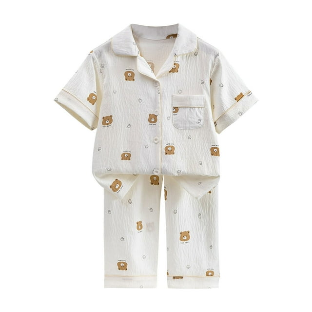 Zpanxa Ensembles 2 Pcs pour Filles Été Imprimé Confortable Manches Courtes Col à Revers Ensembles Pyjamas 3-4 Ans