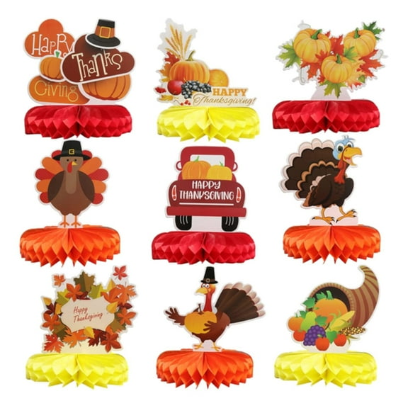 Home Decor Clearance Qianduo 9 Pieces of Mixed Thanksgiving Honeycomb Decoration Honeycomb Paper Centerpiece Maple Pumpkin Turkey Thanksgiving Table Fall Birthday Gifts Decorate Thanksgiving Gold