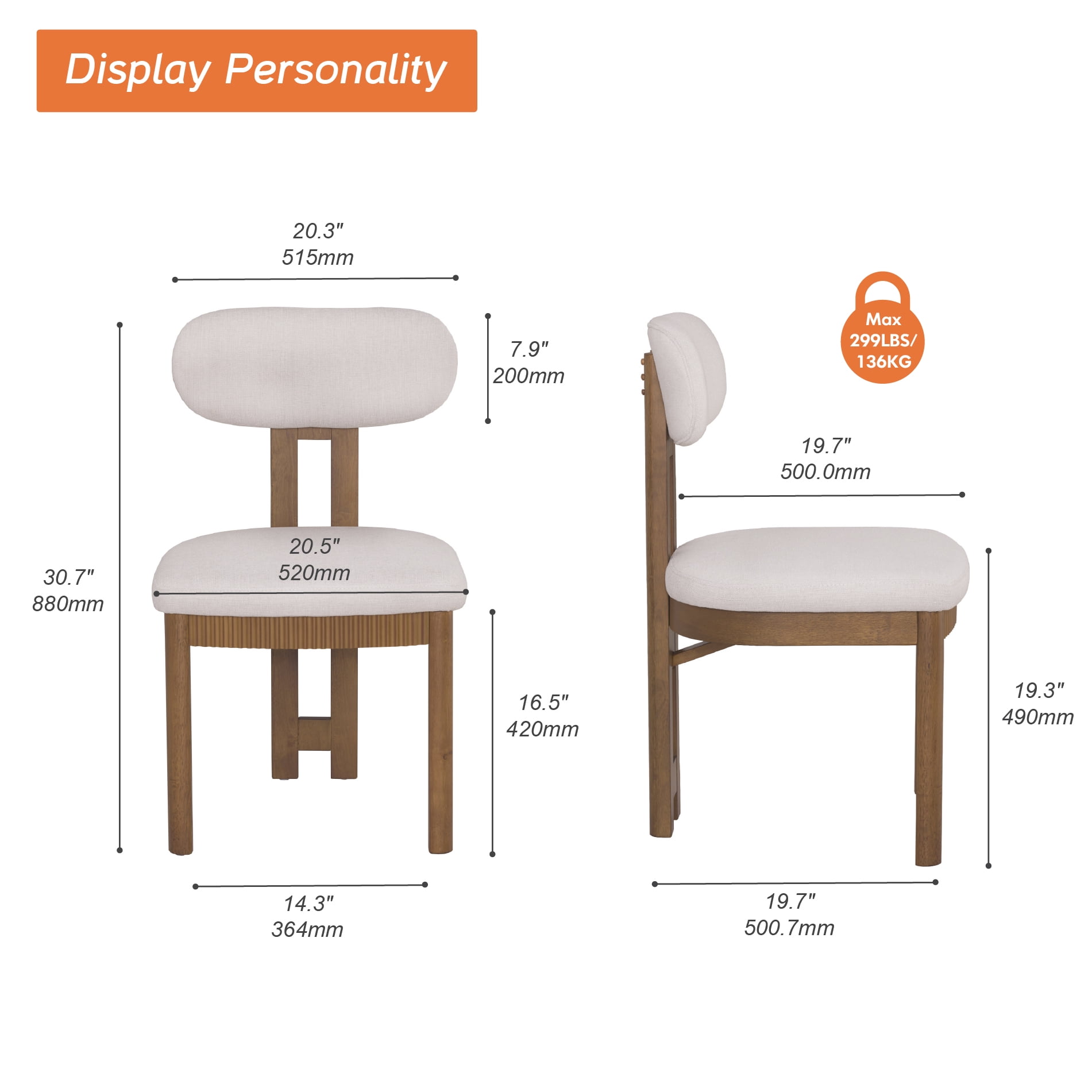 Mid-Century Modern Dining Chairs Set of 6,Polyester Linen Fabric Kitchen Chairs with Solid Wood Legs and Fluted Apron, Armless Side Chairs with Curved Backrest For Dining Room, Living Room