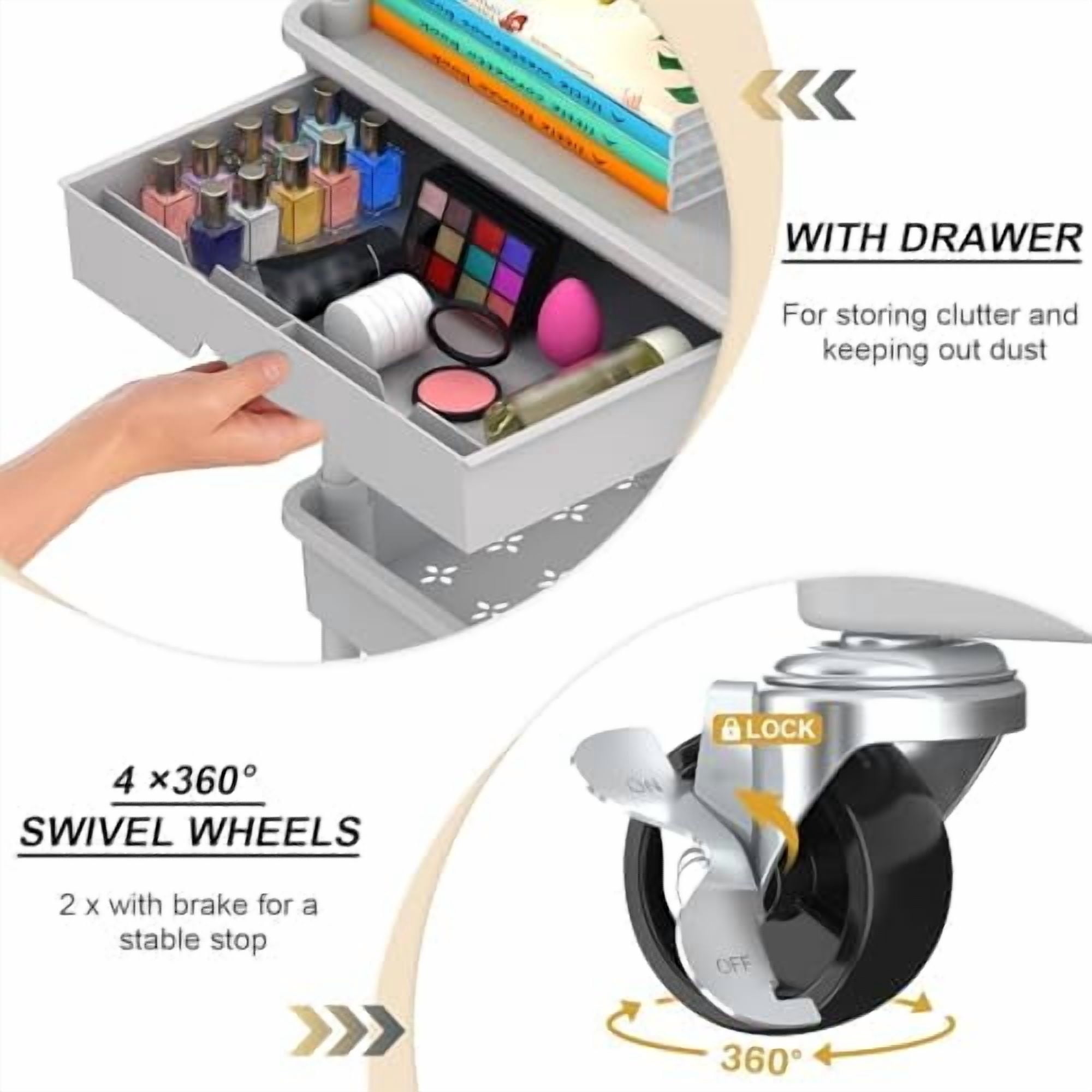 3 Tier Rolling Utility Cart Organizer with Removable Drawer, Stable and Sturdy Grey Rolling Storage Carts with 2 Lockable Wheels for Bathroom, Kitchen, Snack, Craft, Makeup, Baby Essentials
