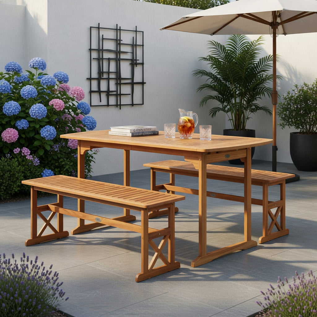 Hommoo 51" Acacia Wood Outdoor Bench Set of 2, Sturdy Slatted Patio Bench for Garden, Porch & Backyard, Natural