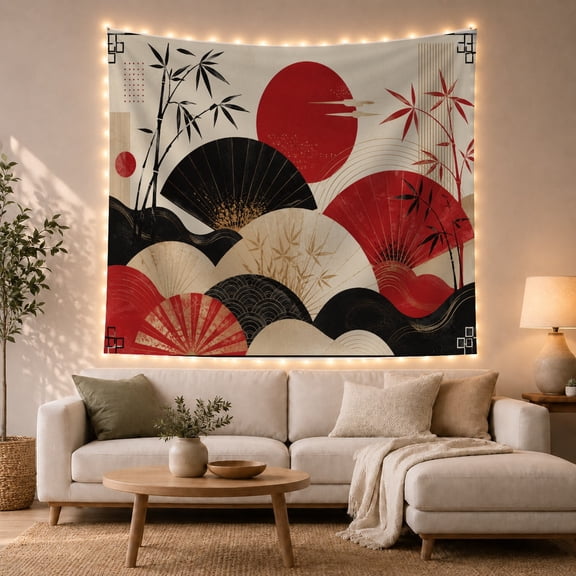 Red Fan and Bamboo Artwork on Off-White Background, Serene Vintage for Art Lovers, Traditional Decor Piece, Housewarming Gift, Tapestry Wall Hanging for Living Room and Bedroom