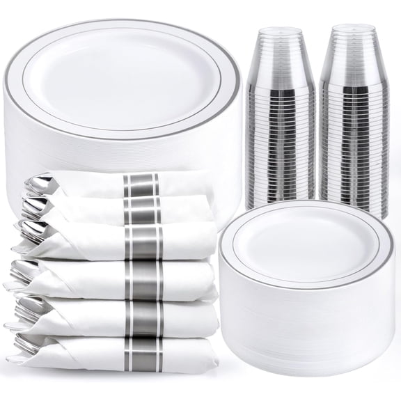 350Pcs Silver Plastic Plates for 50 Guests - Disposable Dinnerware Set, Party Supplies Includes 100 Silver plates,150 Silverware,50 Napkins,50 Cups, Plastic Plates for Party and Wedding