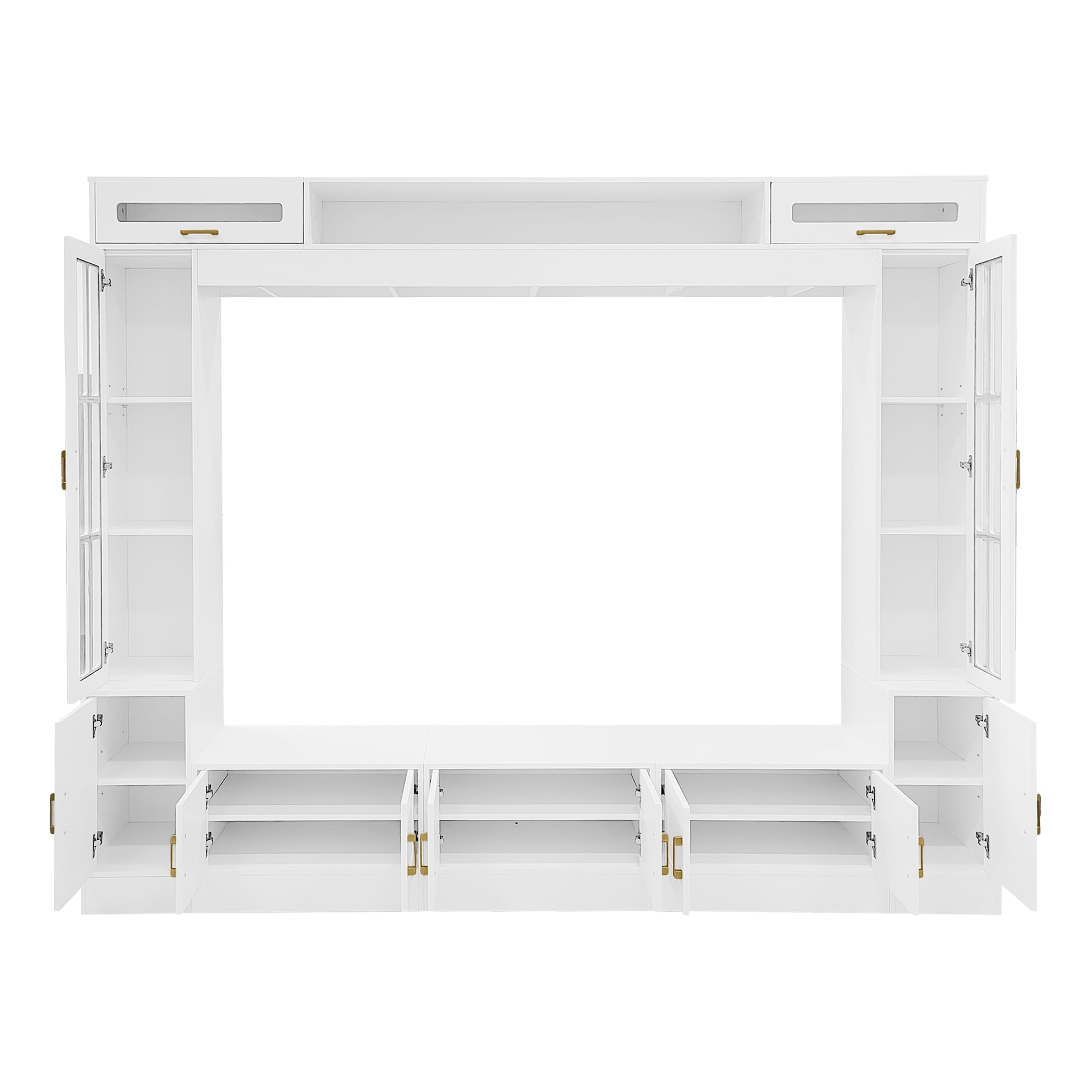Aukfa Modern 98.4" Wall Unit TV Stand for TVs up to 80",Entertainment Center with Glass Doors & Storage Cabinets for Living Room Furniture, White