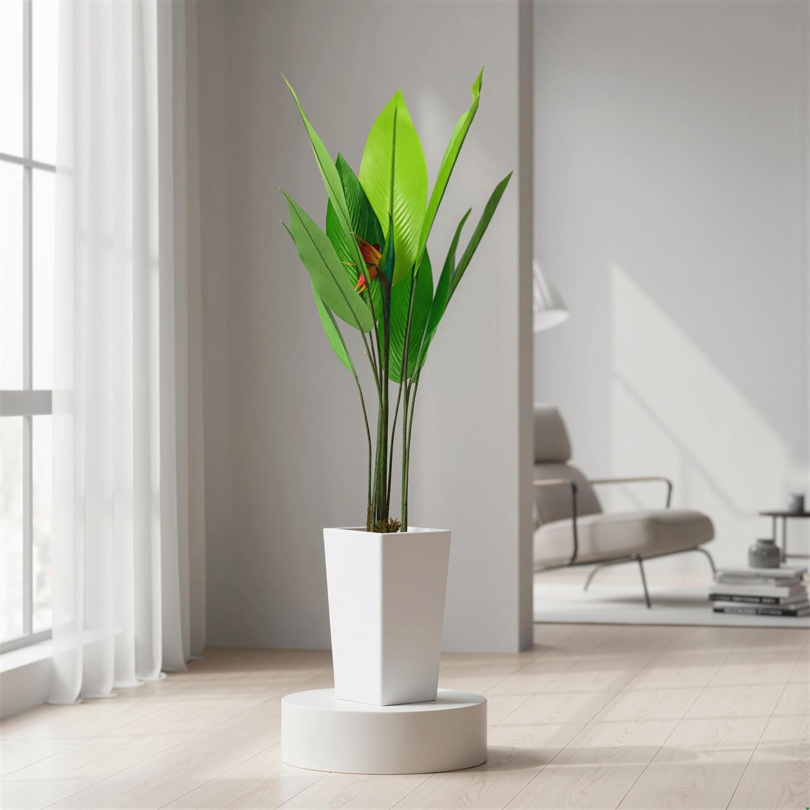 Accreate Faux Banana Tree Artificial Plant, Fake Potted Tropical Evergreen with Tall White Planter for Living Room, Entryway, Porch, or Office