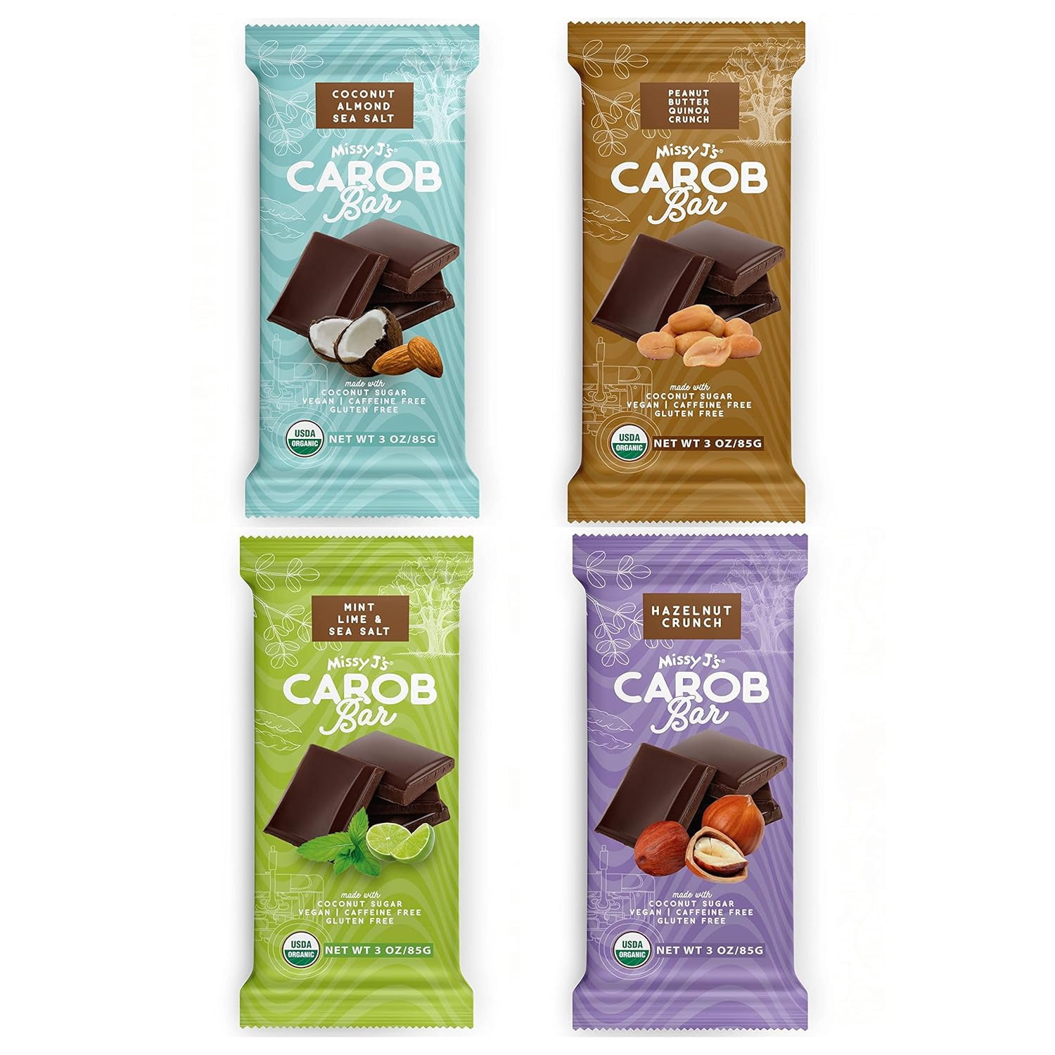 Missy J's Organic Carob Bars Variety Vegan & Gluten-Free Snacks with Coconut Sugar Healthy Desserts