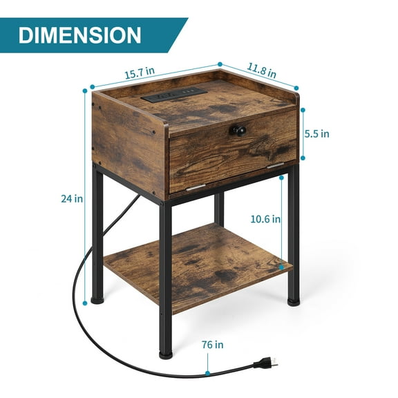 Bedside Table with Charging Station End Table with Flip Drawer Bedside Table with USB Interface and Outlet 2 Tier Bedside Table for Bedroom, Living Room, Small Space, Rustic Brown