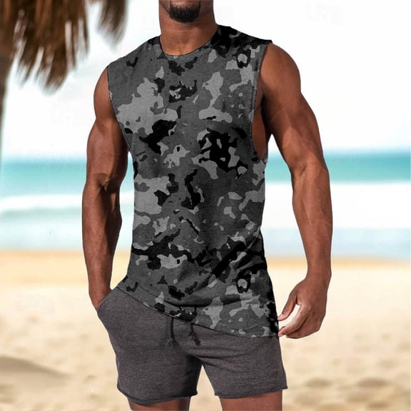 Tank Tops Men Summer Casual Sleeveless Camo Tees Loose Comfortable Running Muscle Workout Beach Breathable Vests Black L