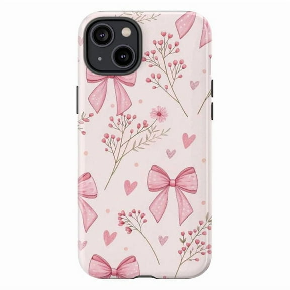 Pink Bow Floral Phone Case, Romantic Heart and Flower Design iPhone Cover, Cute Girly Aesthetic Protective Case for iPhone 16 15 14 13 12 11 Pro Plus Max Mini