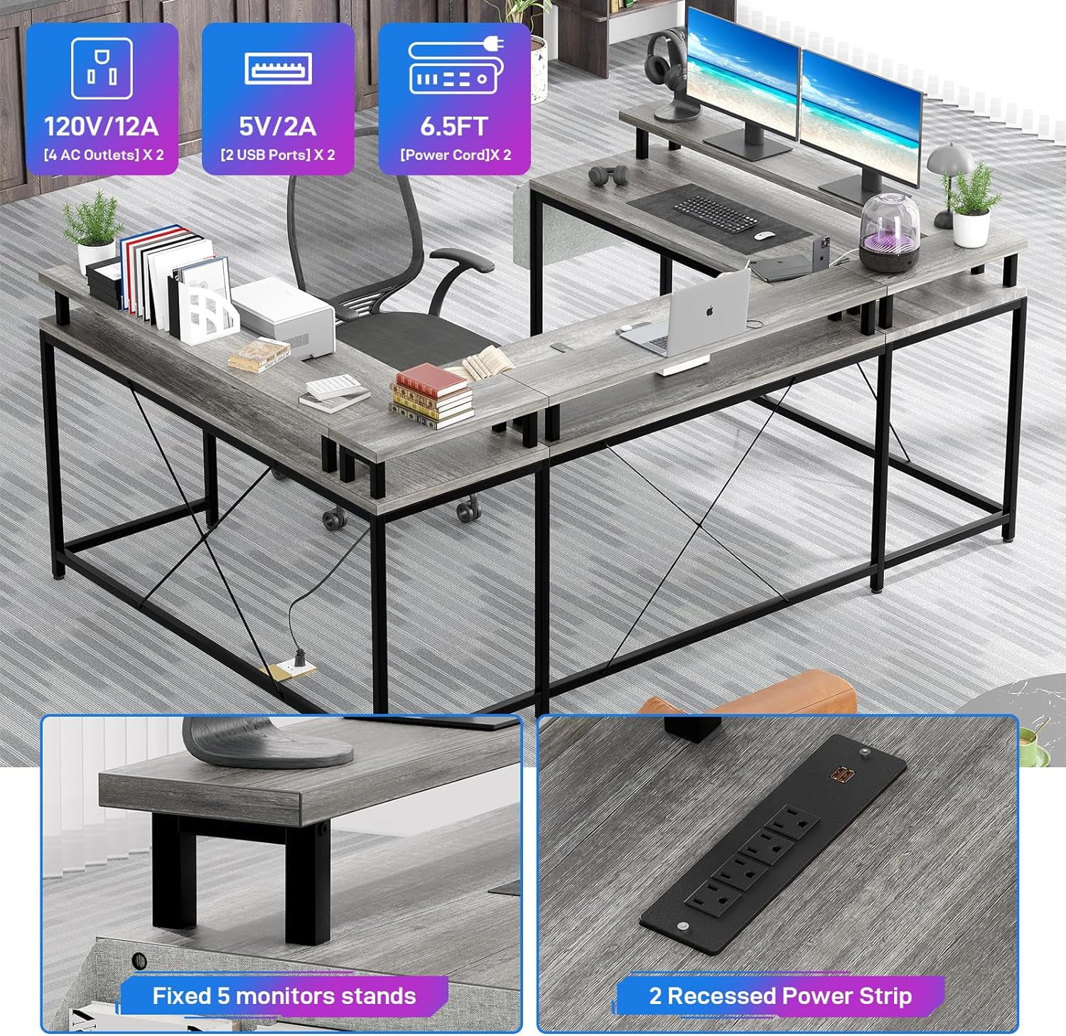 U Shaped Desk with Power Outlets & LED Lights, 79" Reversible L Shaped Desk, Corner Computer Desk Office Desk with Full Monitor Stand, Oak