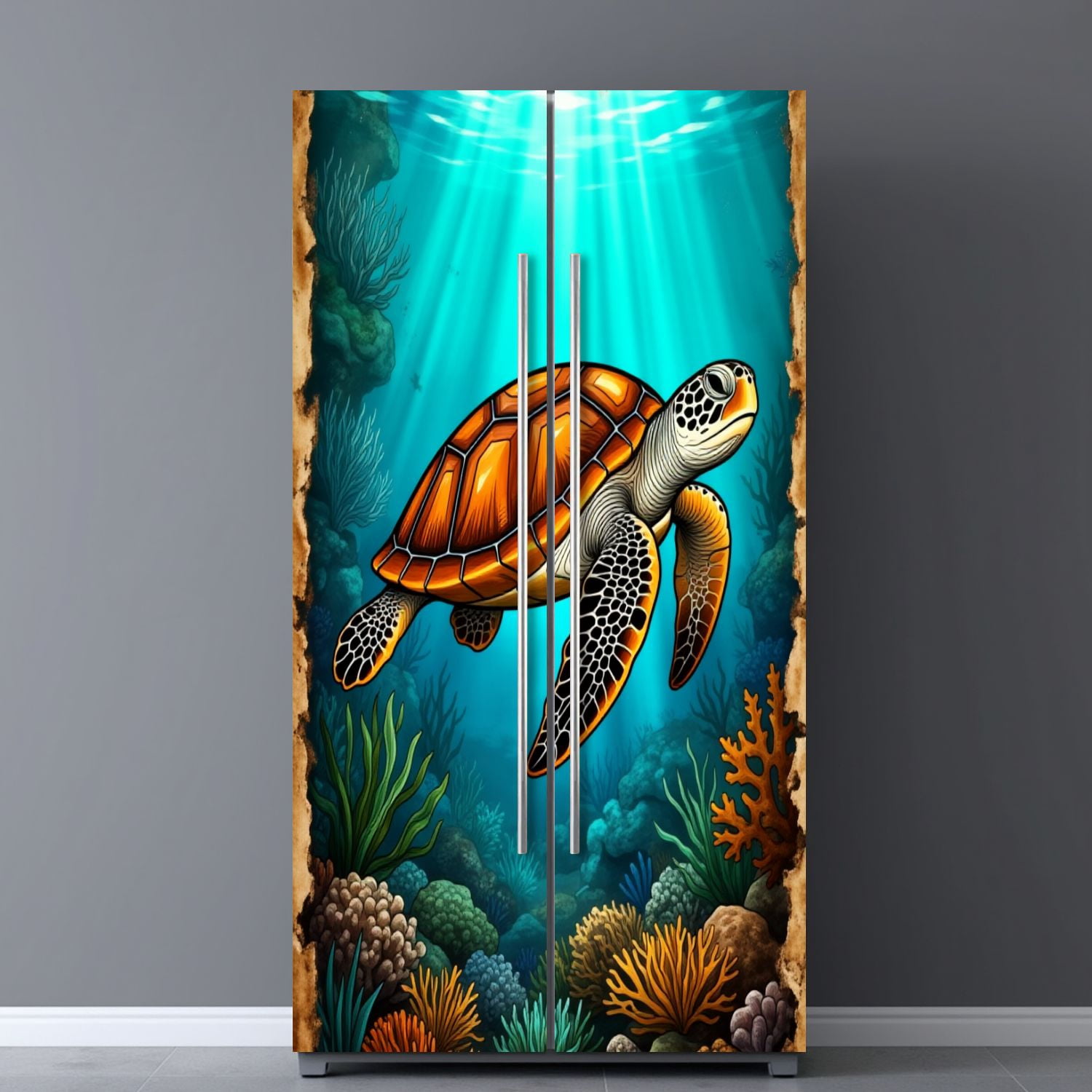 Self Adhesive Vinyl Refrigerator Wrap Set Intricate Sea Turtle Sketch Vintage Parchment Door Mural Removable Fridge Sticker Peel and Stick&nbsp;Full Door Cover Decal Kitchen Bar Decor