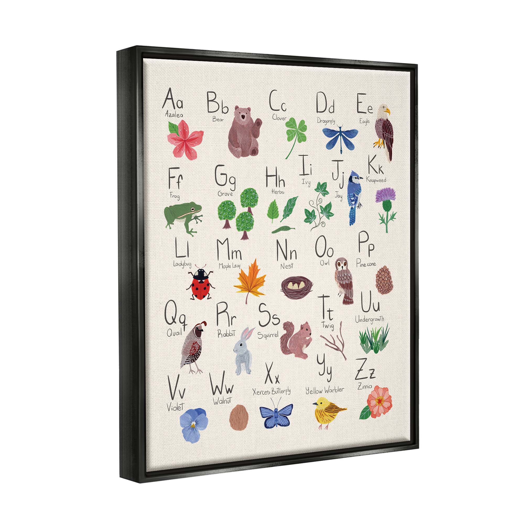 Stupell Industries Animal Alphabet on Beige Landscape Painting Black Floater Framed Canvas Art Print Wall Art, 25 x 31