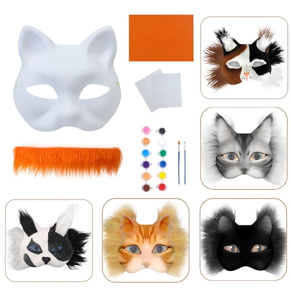 TUWAFE Cat Masque DIY Set White Paper Cat Masque with Eye Mesh Faux Fur Unfinished Cat Masque for Kids Adults DIY Painting Therian Mask Kit