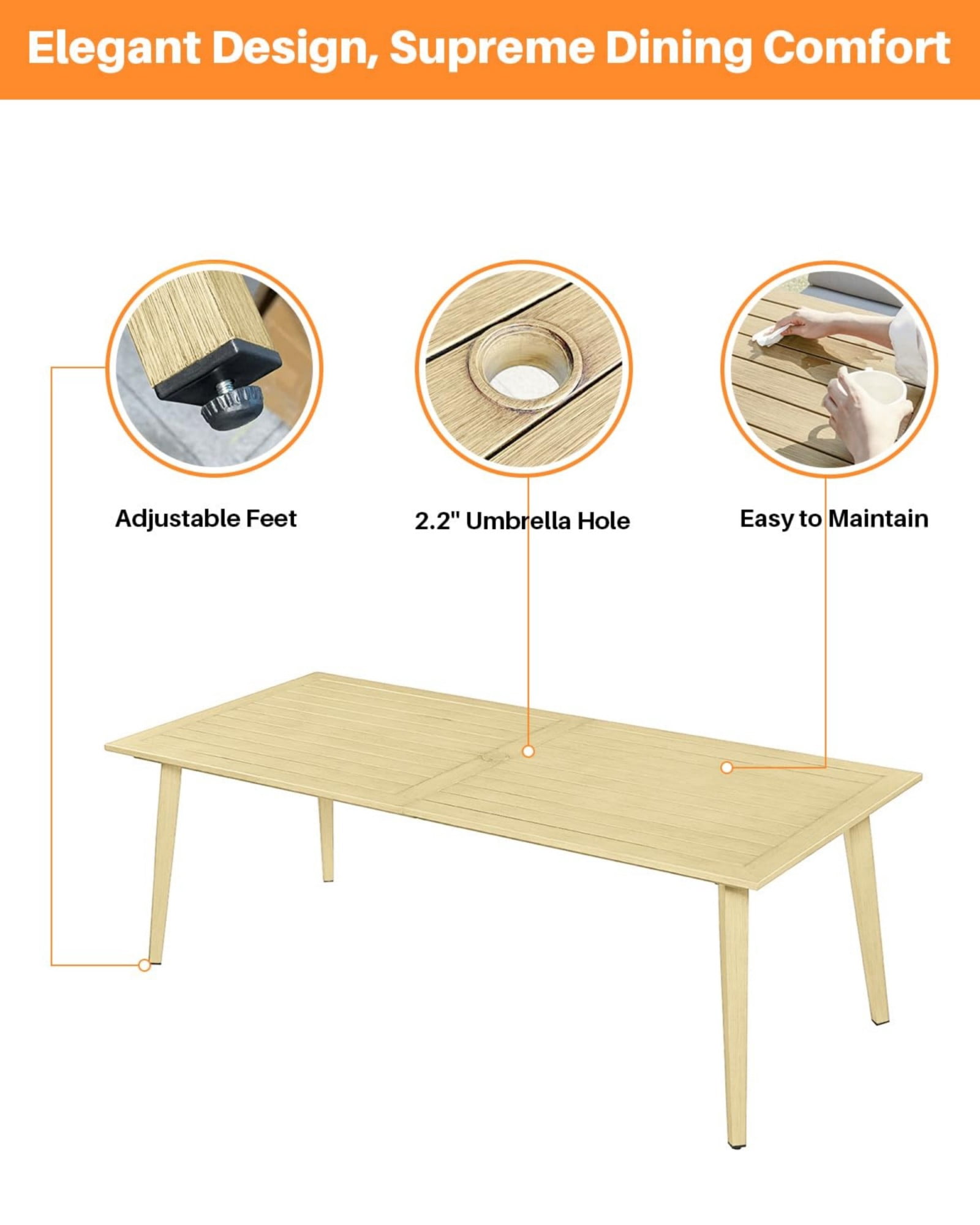 Outdoor Patio Dining Table for 8, Aluminum Outdoor Dining Table with Umbrella Hole, All Weather Patio Table for Garden, Deck, Porch, Lawn, Backyard Furniture, Natural