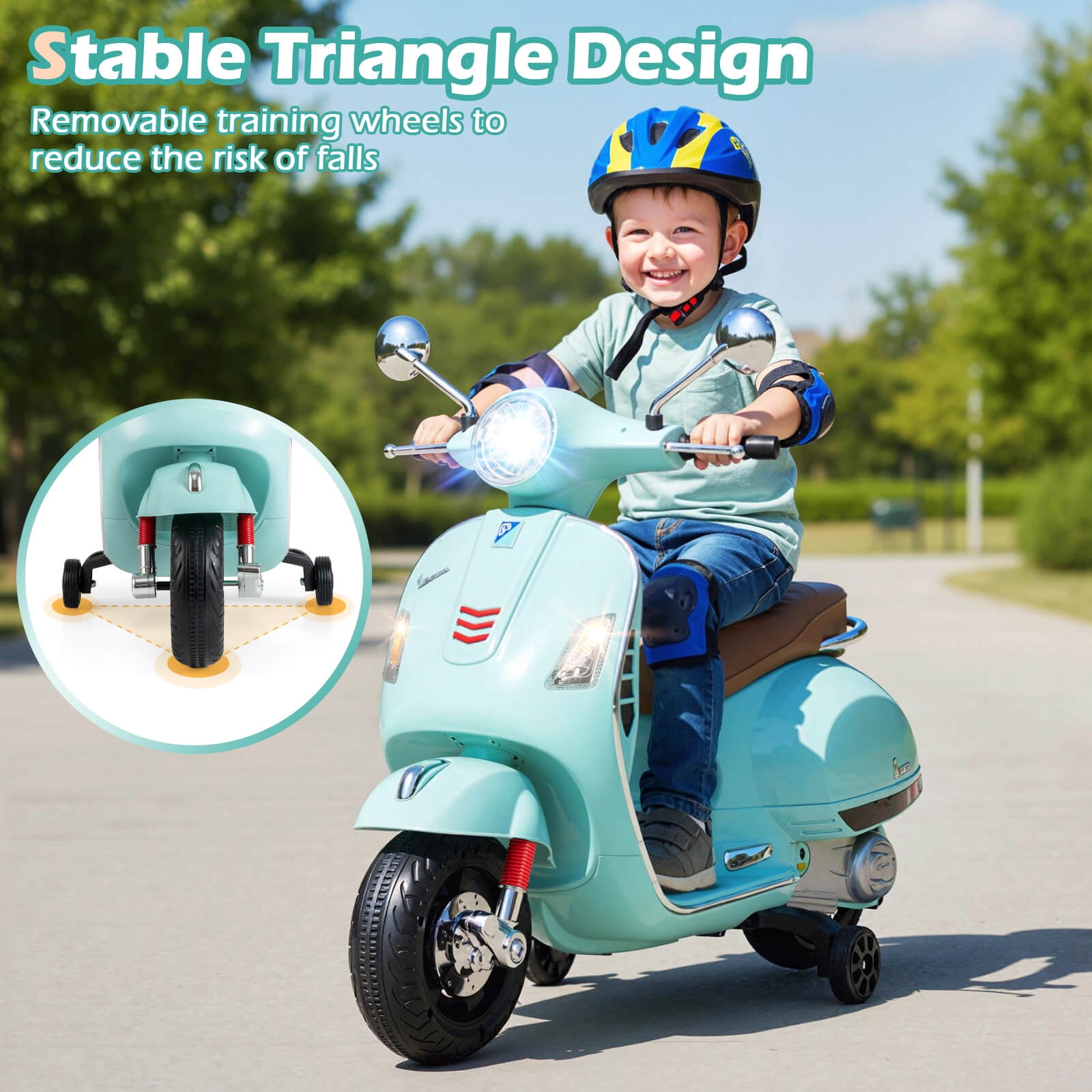 Costway Licensed VESPA 12V Kids Electric Motorcycle with Music Horn Story Training Wheels Green