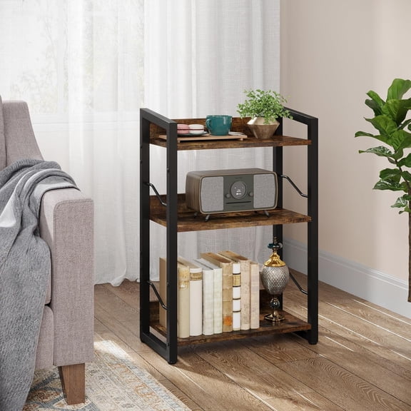3 Tier Industrial Wooden Bookshelf Small Rustic Brown Metal Edge Bookcase Compact Storage Organizer for Bedroom Living Room and Office