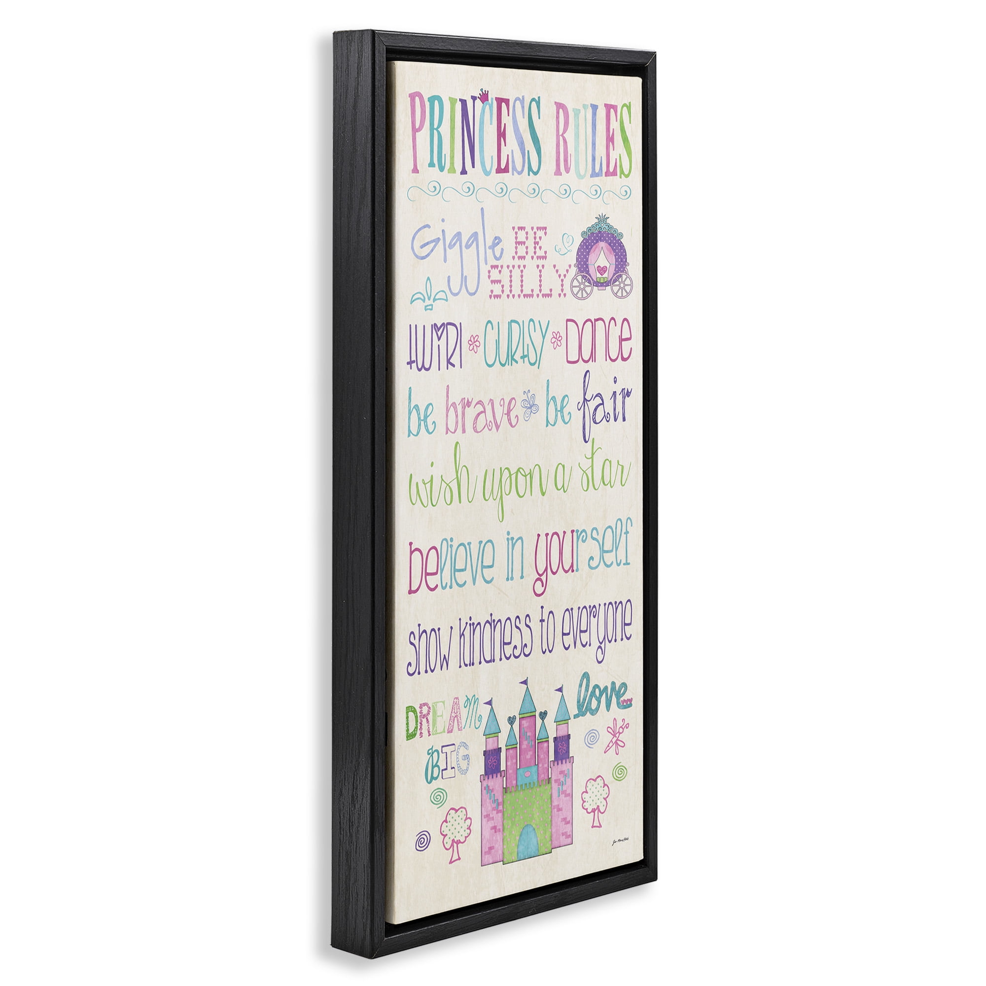 Stupell Industries Princess Rules With Castle & Carriage Art for Kids Painting Black Floater Framed Canvas Art Print Wall Art, 11 x 25