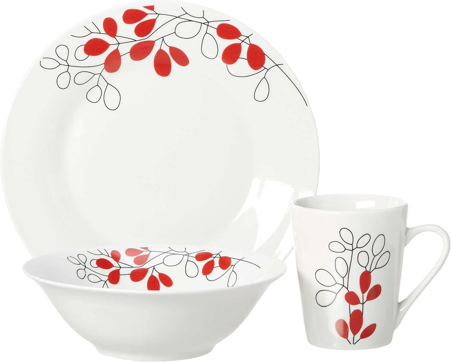 Gibson Scarlet Leaves 12-Piece Porcelain Dinnerware Set – Red & Gray Leaf Design, Service for 4 – Microwave & Dishwasher Safe