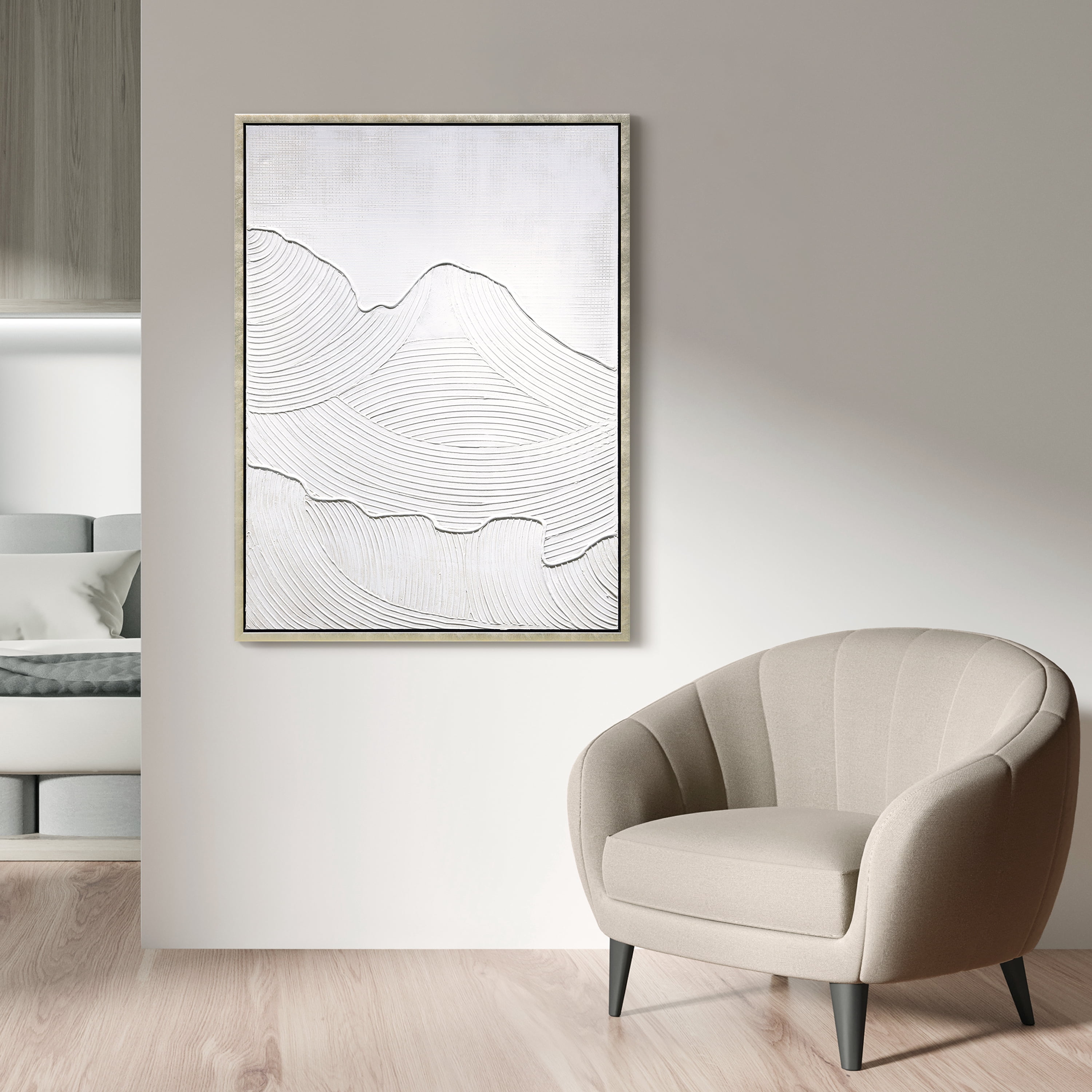 Mountain Serenity Heavily Textured Hand Painted White Framed Canvas Wall Art