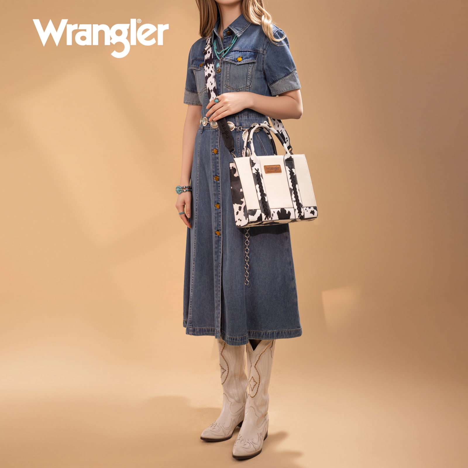 Wrangler Medium Tote Bag for Women Canvas Structured Satchel Purse with Braided Straps Top-handle Handbag with Zipper Pocket, COW-Black