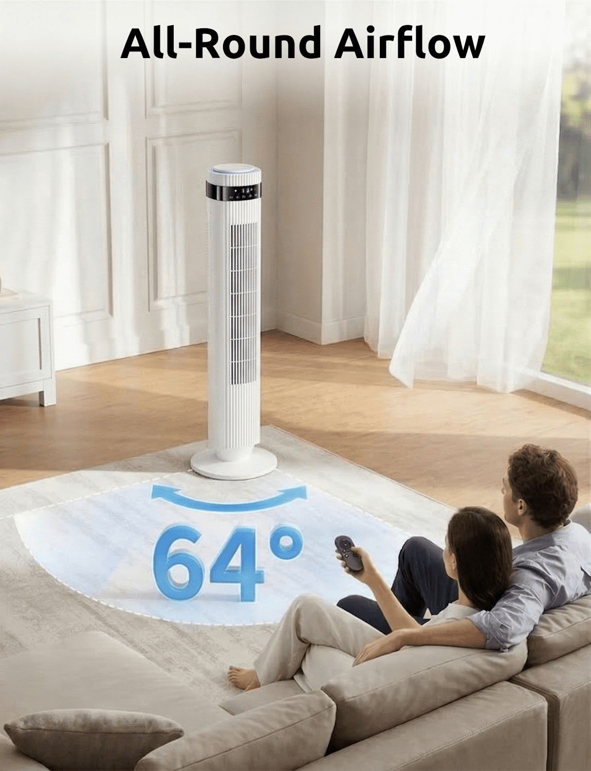 35" Bladeless Tower Fan - Ultra-Quiet 28dB for Bedroom Sleep 25 ft/s High Velocity Cooling w/ Remote 64° Wide Oscillation, 12H Timer, 5 Speeds, 4 Modes LED Display Standing Floor Fan - White