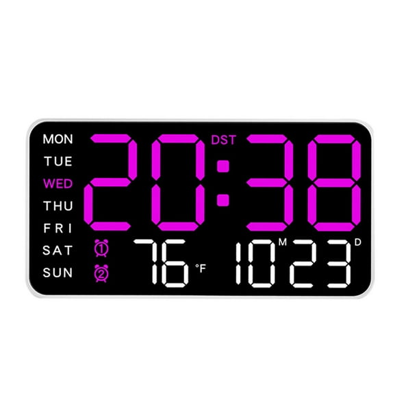 Reloj despertador digital con 5 niveles de brillo ajustable y pantalla grande, reloj de pared LED digital Luz violeta