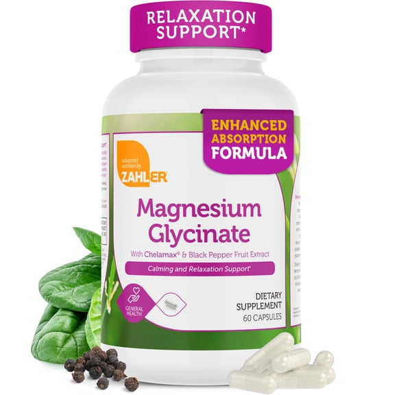 Zahler Chelated Magnesium Glycinate – High Absorption Magnesium Bisglycinate Supplements with Black Pepper Extract – Calm, Relaxation & Muscle Support – Kosher, Vegetarian, Non-GMO (60 Capsules)