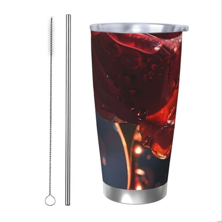 

Zeuib Artistic Dewdrop Rose Printed 20oz Stainless Steel Insulated Car Cup Stainless Steel Thermal Cup Vacuum Insulated Leak-proof Travel Mug Cup-Straw Two-piece Set
