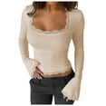 thumbnail image 2 of ClodeEU Women Crop Bell Long Sleeve Shirts , Cute Lace Trim Square Neck Tight Slim Tops Tshirt Khaki,Womens Plus M, 2 of 8
