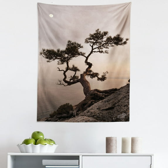 Tree Tapestry, Lonely Juniper Tree on Seaside Cliff Full Moon at Sunset Nature Theme Art Print, Fabric Wall Hanging Decor for Bedroom Living Room Dorm, 5 Sizes, Brown Grey, by Ambesonne