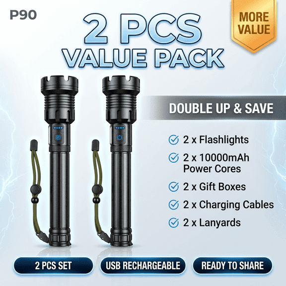 2 pcs XHP90 Rechargeable LED Flashlight
