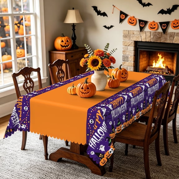 Nanqianyi 52x70 Inch Happy Halloween Border Tablecloth,Waterproof Stain Resistant Table Cover for Holiday Home Dining Decoration