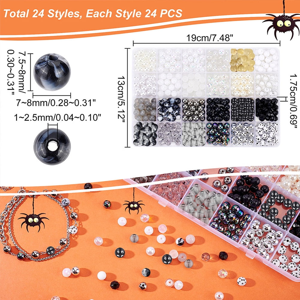 PH 576pcs 8mm Black Beads 24 Styles Acrylic Glass Beads Loose Beads Opaque Beads Pearl Beads Gemstone Beads for Bracelet Earring Eid Mubarak Ramadan