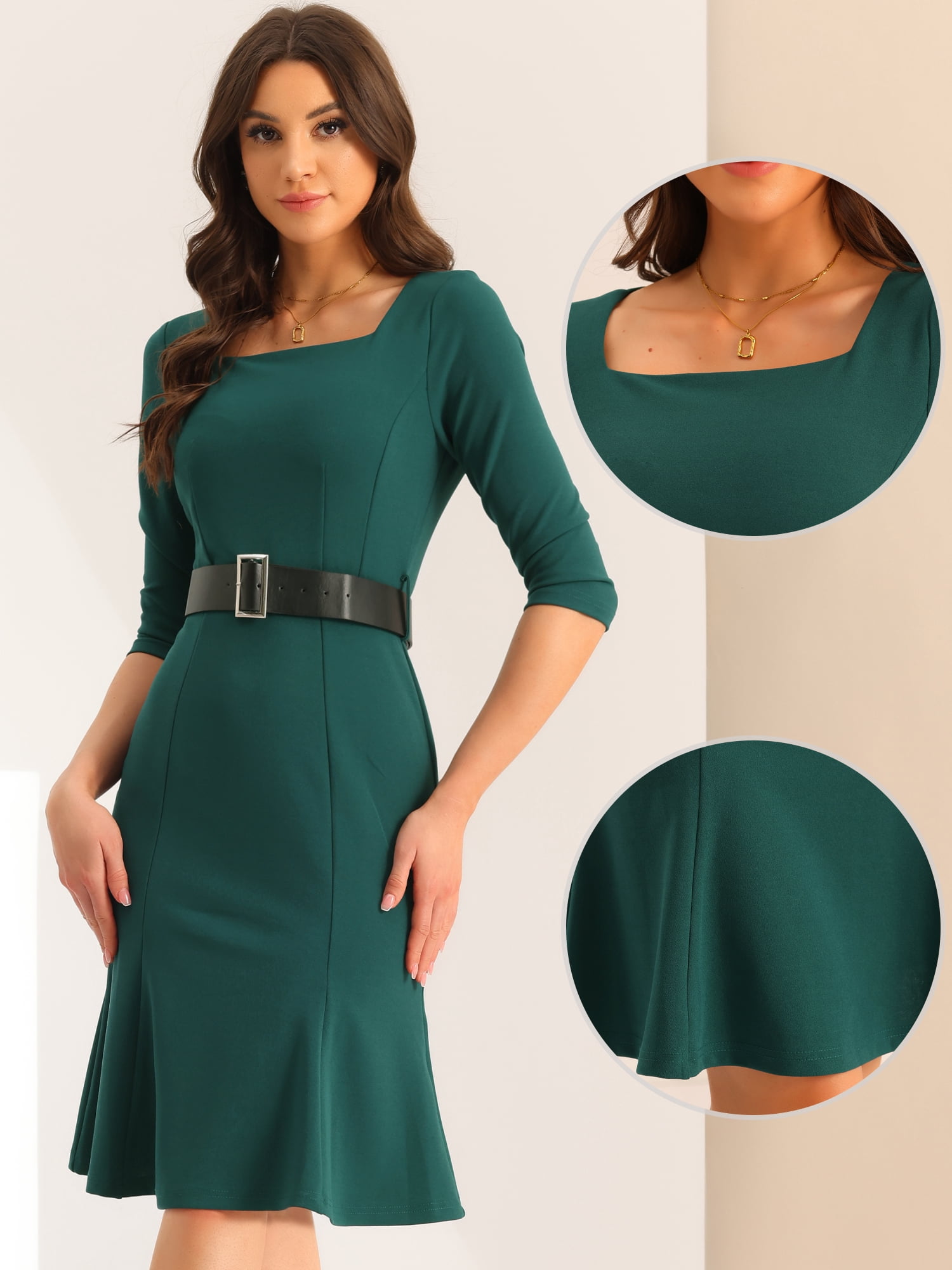 Unique Bargains Women's Work Office Dress Square Neck Knee Length Belted Dress L Dark Green
