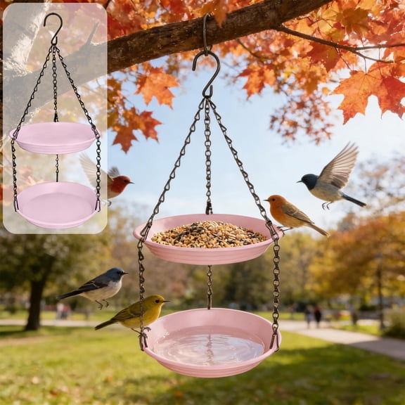 Double Layer Bird Feeder, Outdoor Hanging Bird Feeding Station, Two-Tier Bird Feeder with Water Tray, Garden Bird Feeding Device (Pink)