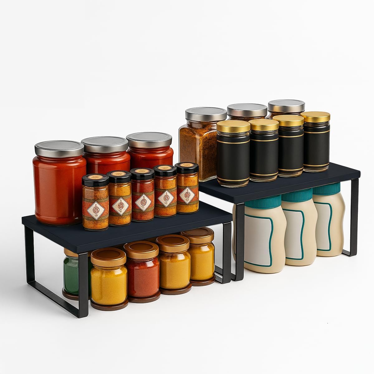 Sben Kitchen Shelf Cabinet Organizer, Set of 2, Counter Shelves, Kitchen Storage, Spice Rack, Stackable, Functional, Metal and Engineered Wood (Black)