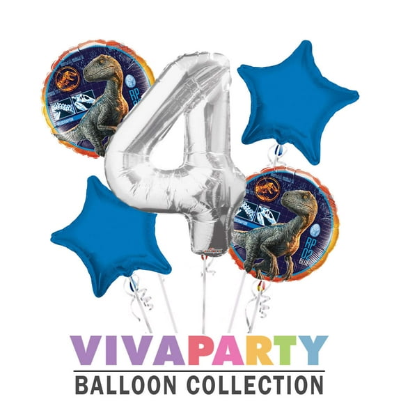 Jurassic World Velociraptor RP 02 Blue Round Balloon Bouquet 5 pc, 4th Birthday, Silver Number 4 Jumbo Balloon | Viva Party Balloon Collection