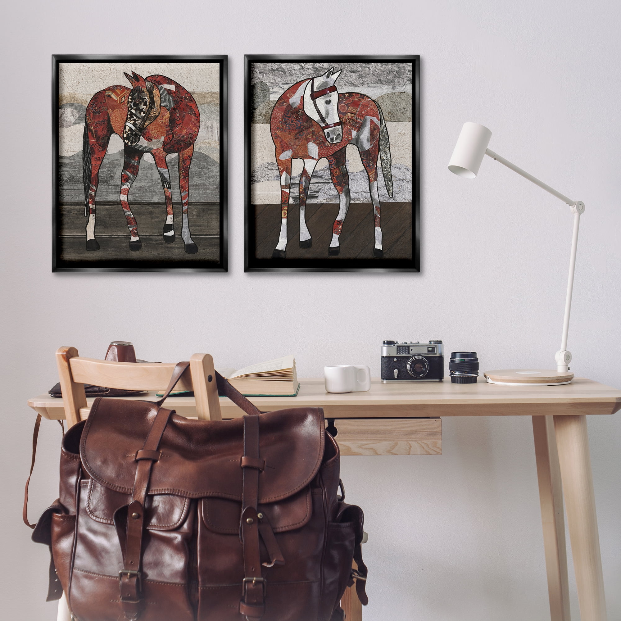Stupell Industries Abstract Patchwork Horses Animals Painting Black Floater Framed Canvas Art Print Wall Art, 31 x 25, Set of 2