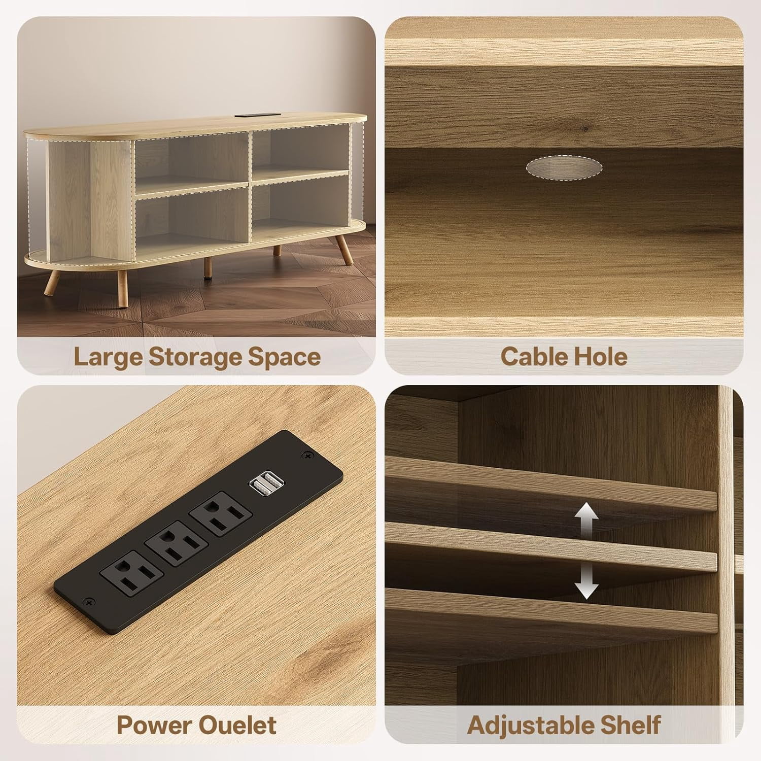 55" TV Stand with Power Outlet, Modern Media Console with Sliding Doors, Entertainment Center for TVs up to 60 Inch, Adjustable Shelves, Nature Oak