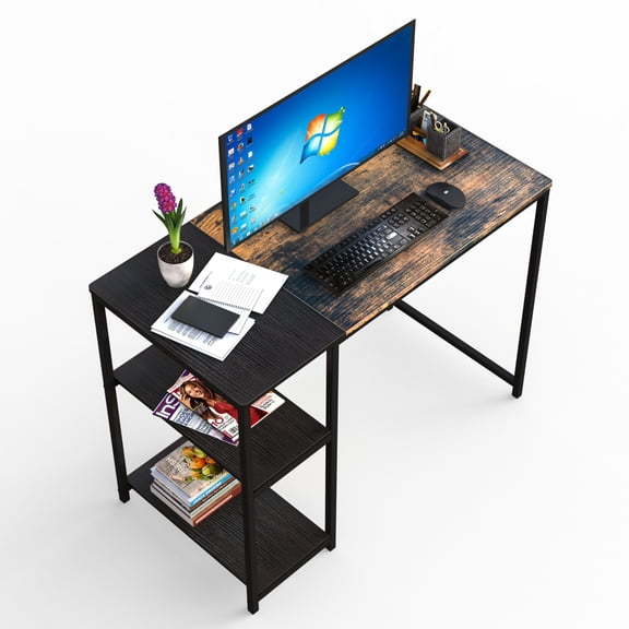 Leumius Computer Desk with 3 Tier Storage Shelves,40 Inch Office Desk for Home Office Bedroom,Brown