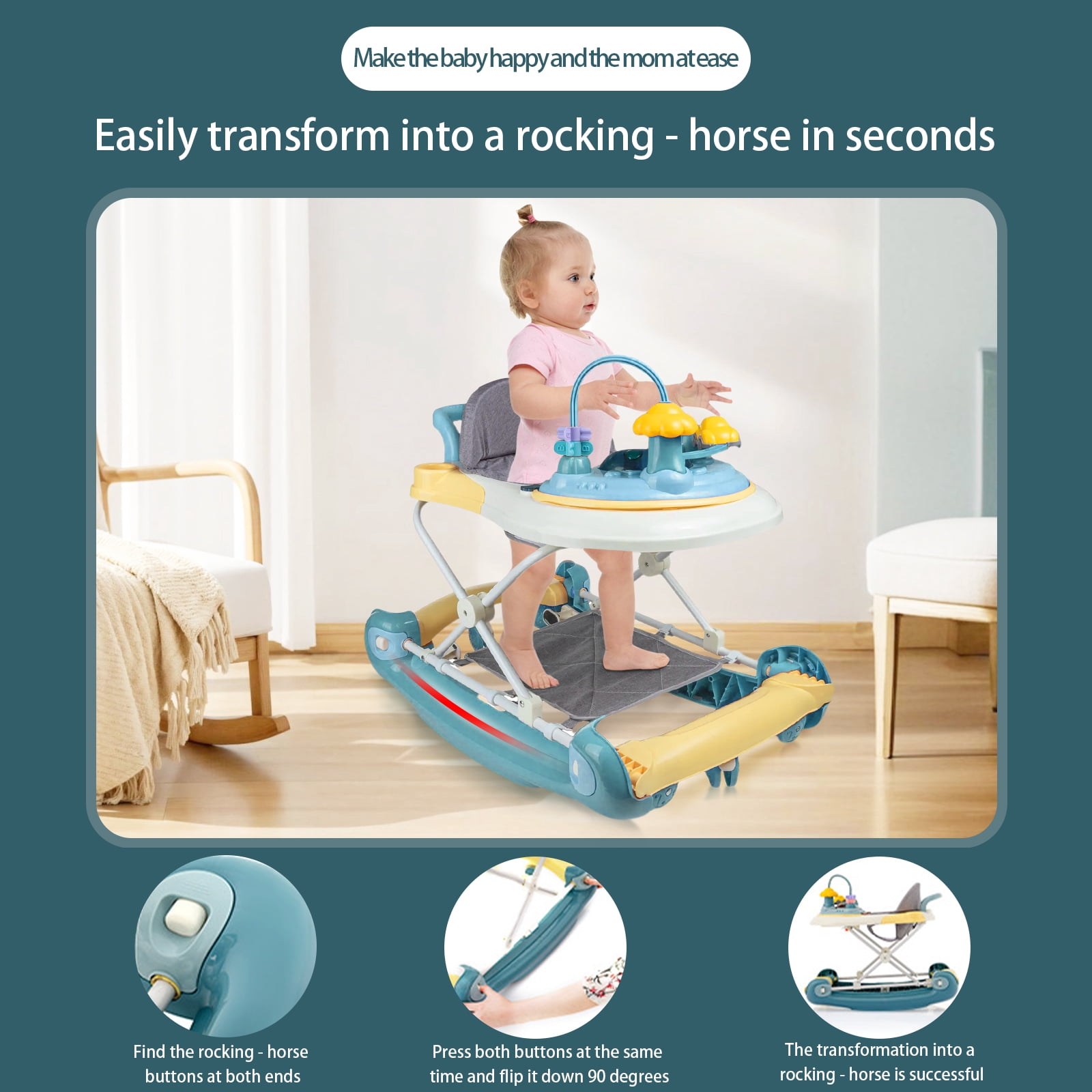 OUYI Foldable Baby Walker for Newborn & Toddler Safe - Sunshade, Foldable for Portability, Green